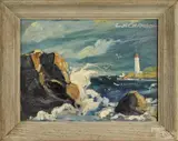 of a rocky shoreline and lighthouse by Charles X. Carlson, oil on board, sold Apr 2015