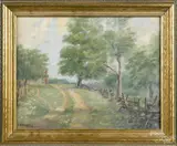 landscape with a country road and a split rail fence by Lila Hetzel, oil on canvas, sold Apr 2015