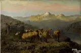 mountain landscape with elk by Newbold Hough Trotter, oil on canvas, offered Apr 2015