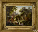 landscape with women and children doing laundry with a barn and sheep in the background by Paul Weber, oil on canvas, sold Apr 2015