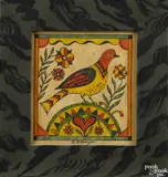 drawing of a bird flanked by flowers by David Y. Ellinger, watercolor, offered Apr 2015