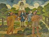 life-sized wall mural depicting Conrad Weiser and Native Americans in Philadelphia by Franz de Merlier, oil on canvas, sold Mar 2015