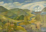 life-sized wall mural depicting Henry Hudson's Half Moon entering Delaware Bay by Franz de Merlier, oil on canvas, sold Mar 2015