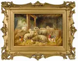 barn scene with sheep by Joanna Grell, oil on panel, sold Mar 2015