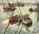 nautical dock scene by Lucien Desmaré, oil on canvas, sold Mar 2015