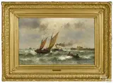 coastal scene depicting a ship being towed to shore by Theodore Alexander Weber, oil on canvas, offered Mar 2015