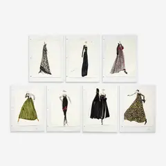 7 illustrations for Geoffrey Beene by Joe Eula, 1990-95, watercolor, gouache, graphite, marker, and colored pencil on paper, sold Sep 2023