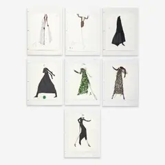 7 Illustrations for Geoffrey Beene by Joe Eula, 1990-95, ink and watercolor, sold Sep 2023