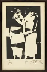Untitled (Two Couples) by Juan Batlle Planas, woodcut, sold Sep 2023