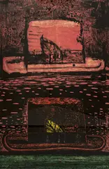 Double Hats by Aaron Fink, 1987, lithograph and woodcut, sold Sep 2023