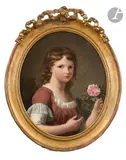 Portrait d’enfant avec une rose by Marie-Victoire Lemoine, Toile d’origine (coupée et posée sur un châssis octogonal), sold Jun 2022