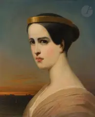Portrait de la comédienne Elisabeth Felix, dite Melle Rachel, dans le rôle d’Hermione by Achille Devéria, Toile d’origine (au Coq Honoré à Paris chez Alph, sold Jun 2022