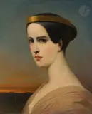 Portrait de la comédienne Elisabeth Felix, dite Melle Rachel, dans le rôle d’Hermione by Achille Devéria, Toile d’origine (au Coq Honoré à Paris chez Alph, sold Jun 2022