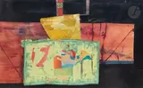 Nature morte by Jacques Monory, 1957, Collage sur fond aquarellé, sold May 2022