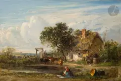 Laveuse devant la ferme by Émile Lambinet, Panneau de chêne, une planche, non parqueté, sold May 2022
