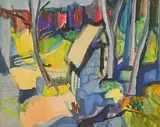 Chaumière dans les arbres by Georges Briata, Gouache signée en bas à gauche, sold Dec 2021