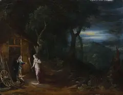 et Frans FRANCKEN II (1581-1642) La facétie de Cérès by Abraham Govaerts, Panneau de chêne peint au revers, deux planches renforcées Cadre : En bois sculpté redoré, sold Nov 2021