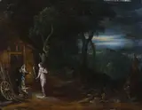 et Frans FRANCKEN II (1581-1642) La facétie de Cérès by Abraham Govaerts, Panneau de chêne peint au revers, deux planches renforcées Cadre : En bois sculpté redoré, sold Nov 2021
