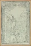 Personnages décryptant des stèles, au loin Saint-Pierre de Rome by Hubert Robert, Crayon noir et rehauts de plume et encre noire, sold Jun 2018