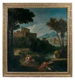 Personnages au bord d'un fleuve, dans un paysage montagneux by Louis de Boullogne, Toile, sold Jun 2018