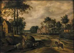 Paysans et cavalier à la sortie d'un village by Izaak van Oosten, Panneau de chêne, deux planches, non parqueté Manques, sold Mar 2018