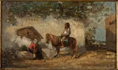 Cavalier abreuvant son cheval by Charles de Tournemine, Panneau Porte une inscription au revers de Tournemine/Elève d'Isabey, sold Mar 2018