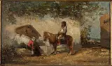 Cavalier abreuvant son cheval by Charles de Tournemine, Panneau Porte une inscription au revers de Tournemine/Elève d'Isabey, sold Mar 2018