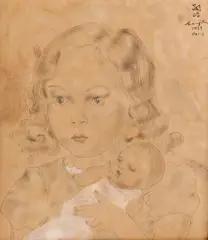 Jeune fille portant un nourrisson dans ses bras by Léonard-Tsuguharu Foujita, 1939, Encre, estompe, aquarelle et gouache sur papier marouflé sur carton, sold Nov 2018