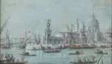 Vue de la pointe de la Douane et de la Salute by Giacomo Guardi, Gouache sur papier préparé en bleu, sold Jun 2018
