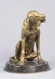 Chien assis rongeant un os by Henri Fouques de Saint-Leu, Epreuve en bronze doré reposant sur un socle circulaire en marbre vert de mer, sold Dec 2017