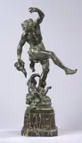 Le Vin»: Faune dansant, une cruche à la main, un jeune satyre à ses pieds by Louis Holweck, Epreuve en bronze à patine vert antique sur un socle en marbre Portor, sold Dec 2017