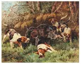 Les chiens et le sanglier by Charles-Fernand de Condamy, Aquarelle sur papier, sold May 2011