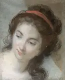 Portrait d'une femme portant un ruban rouge dans les cheveux by Élisabeth Louise Vigée Le Brun, Pastel sur papier bleu, sold Dec 2015
