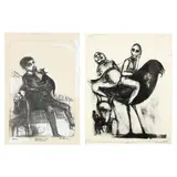 Man Holding Cat and Two Men with Large Bird by Robert Broderson, The first: lithograph on paper, sold Nov 2021
