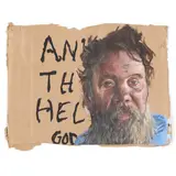 Any-Thing Helps, God Bless by Charlie Hoffacker, Paint on cardboard panhandling sign, sold Nov 2021