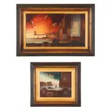 Two Surrealist Scenes by Milić od Mačve, Each oil on panel, sold Nov 2021