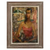 Woman with Cat by George Russin, Oil on board, sold Nov 2021