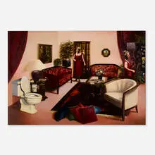 Interior Design by Guy Johnson, 1991, oil on printed paper on aluminum, sold Aug 2024