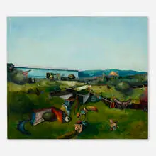Disjunctive Landscape by Robert Rasely, 1986, oil on wood, sold Aug 2024