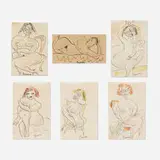 Collection of six sketches by Esther Estelle Pressoir, watercolor and felt tip pen on paper, sold Aug 2024