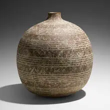Xamach vessel by Claude Conover, 1983, glazed stoneware with engobe decoration, sold Jun 2022