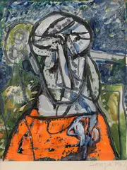 Untitled by F. N. Souza, 1967, Chemical alteration and acrylic on magazine paper pasted on paper, sold Dec 2025