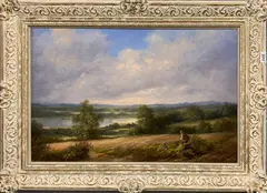 Untitled by Noel Ripley, oil on canvas of a gentleman with a dog admiring the view, sold Jun 2022