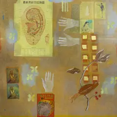 Restores to Health by Jody Guralnick, 1999, oil and collage on wood, sold Nov 2025