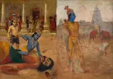 Killing of Kamsa (left), Figure of Youthful Krishna (right) by Raja Ravi Varma, Oil on canvas, sold Feb 2023