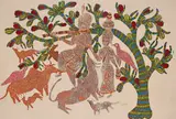 Krishna Lila by Jangarh Singh Shyam, 2001, Serigraphy and acrylic on canvas, sold Feb 2023