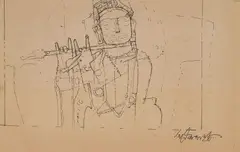 Krishna Playing the Flute by Ganesh Pyne, Ink on paper, sold Aug 2023