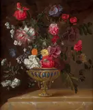 Composition au bouquet de pavots, roses, lys martagon et soucis sur un entablement en marbre by Jacques Samuel Bernard, Huile sur toile, sold Mar 2026