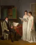 Portrait d'Etienne-François Marchand et de ses deux filles Désirée et Catherine by Marguerite Gérard, Huile sur panneau de noyer, une planche, sold Mar 2026