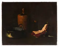 Composition à la bouteille, à la pièce de cuivre et au quartier de bœuf by Augustin Théodule Ribot, Huile sur toile (Toile d'origine), sold Mar 2026